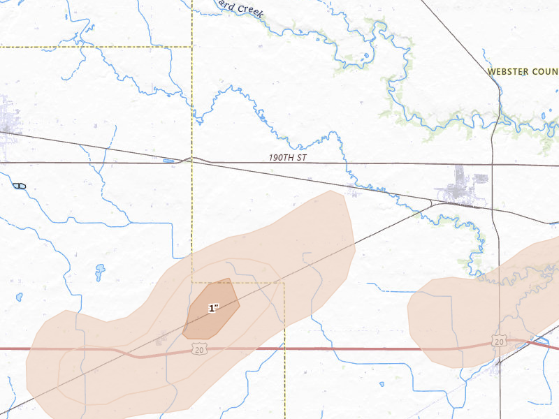 Radar-estimated hail-size map of the storm over Barnum, IA on Jul 2, 2026