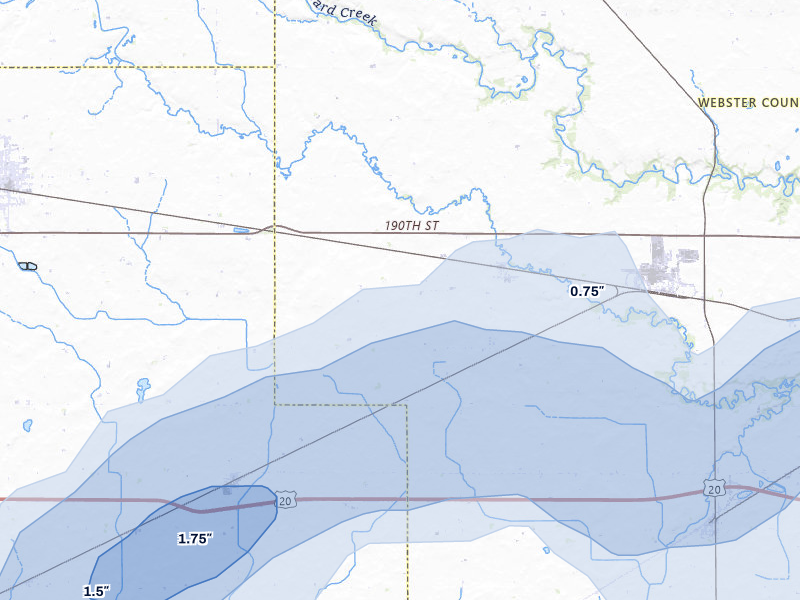 NEXRAD radar-signature map of the hail over Barnum, IA