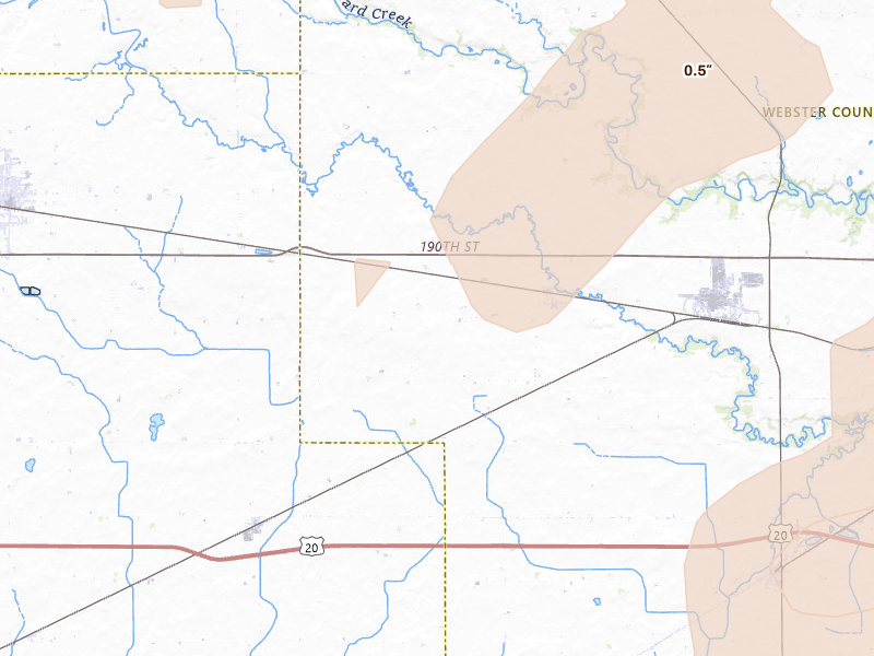 Radar-estimated hail-size map of the storm over Barnum, IA on Aug 8, 2026