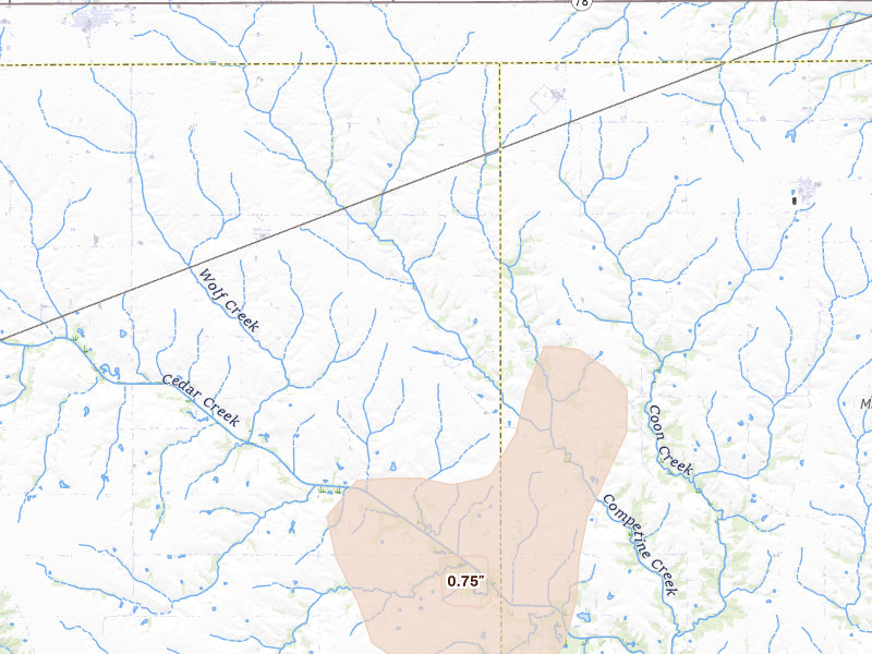 Radar-estimated hail-size map of the storm over Batavia, IA on Apr 23, 2026