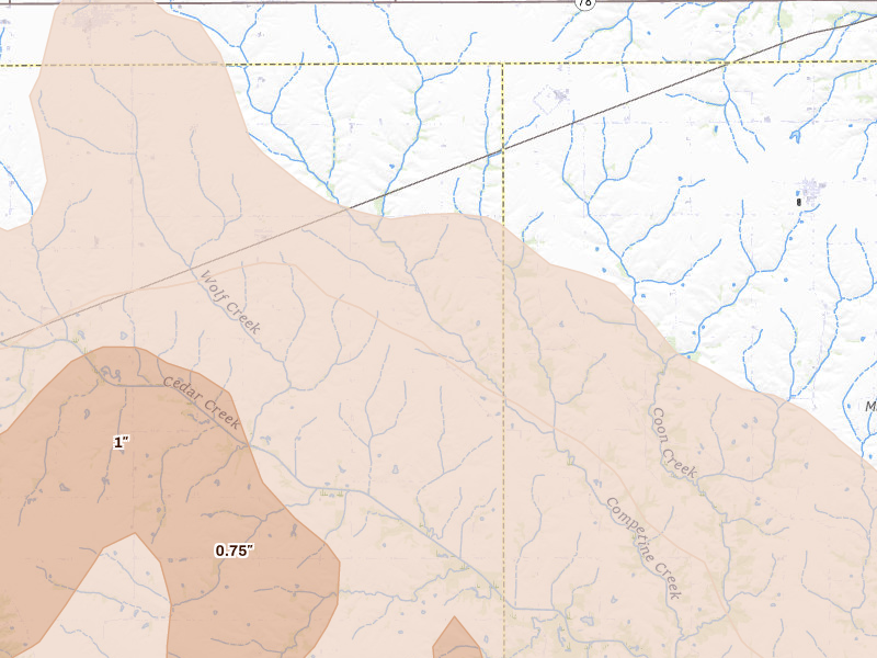Radar-estimated hail-size map of the storm over Batavia, IA on Jun 17, 2026