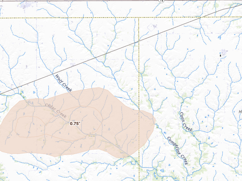 Radar-estimated hail-size map of the storm over Batavia, IA on Jul 3, 2026