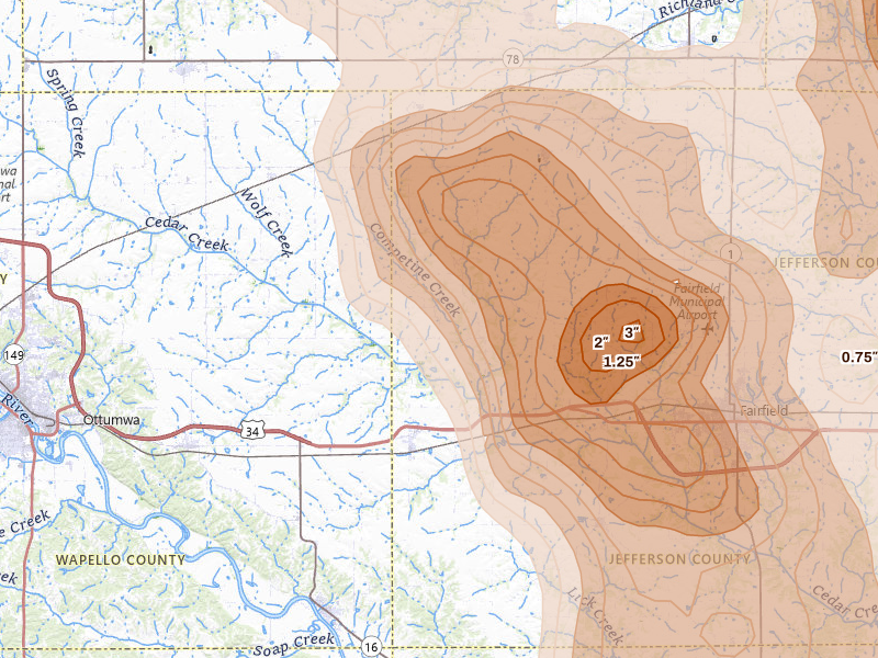 Radar-estimated hail-size map of the storm over Batavia, IA on Aug 7, 2026