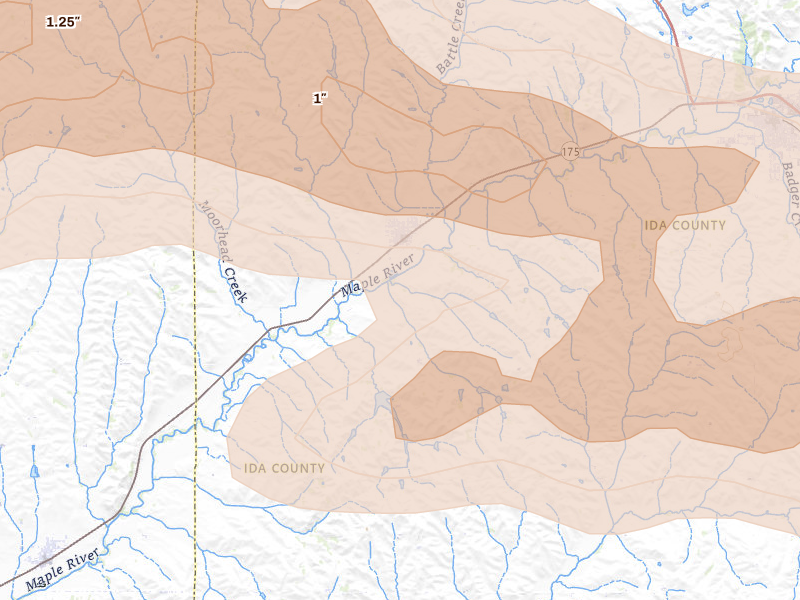 Radar-estimated hail-size map of the storm over Battle Creek, IA on May 15, 2026