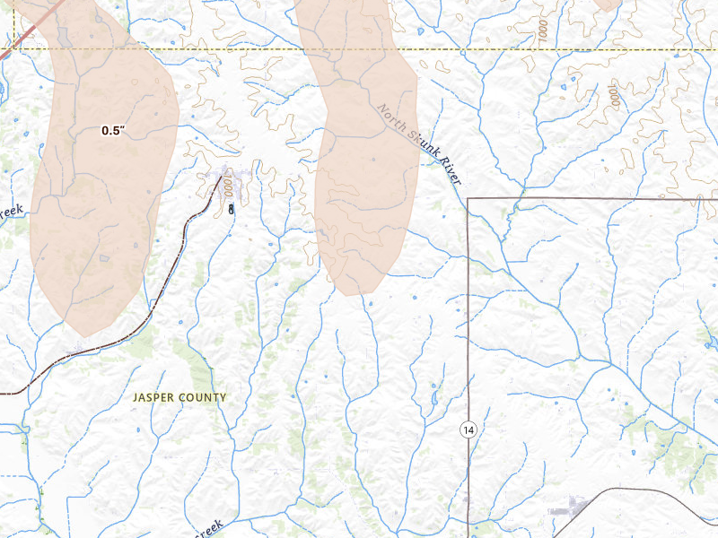 Radar-estimated hail-size map of the storm over Baxter, IA on Jun 11, 2026