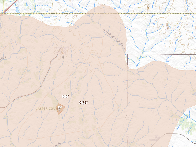 Radar-estimated hail-size map of the storm over Baxter, IA on Jun 16, 2026