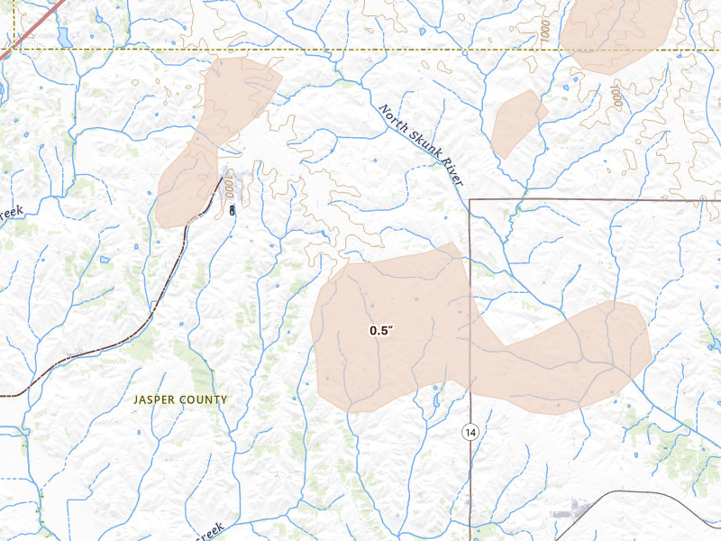 Radar-estimated hail-size map of the storm over Baxter, IA on Jul 2, 2026