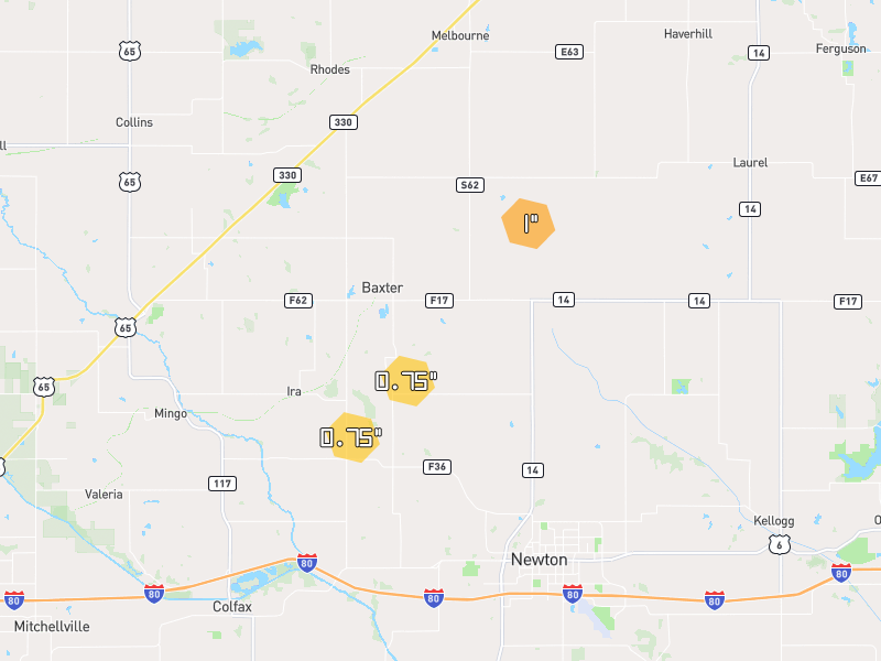Hail map of Baxter, IA on Jul 2, 2026, hail up to 1"