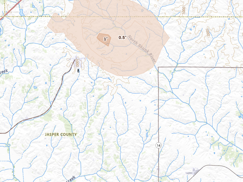 Radar-estimated hail-size map of the storm over Baxter, IA on Jul 26, 2026