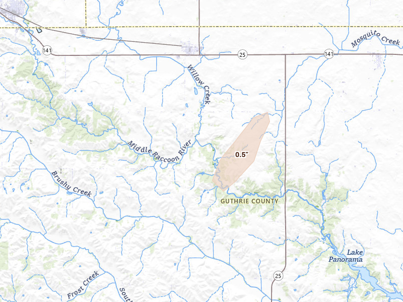 Radar-estimated hail-size map of the storm over Bayard, IA on Mar 5, 2026