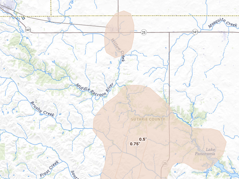 Radar-estimated hail-size map of the storm over Bayard, IA on Jul 4, 2026