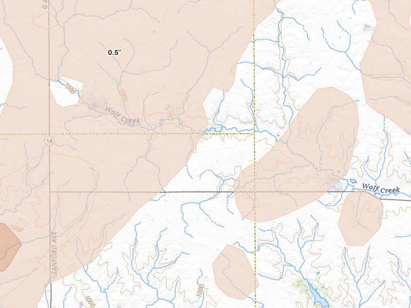 Radar-estimated hail-size map of the storm over Beaman, IA on Jul 2, 2026