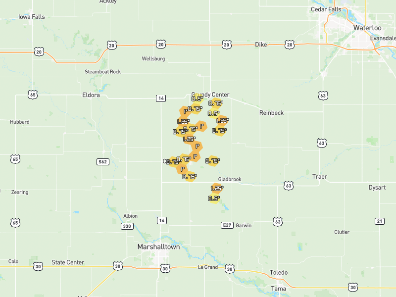 Hail map of Beaman, IA on Jul 2, 2026, hail up to 1.25"