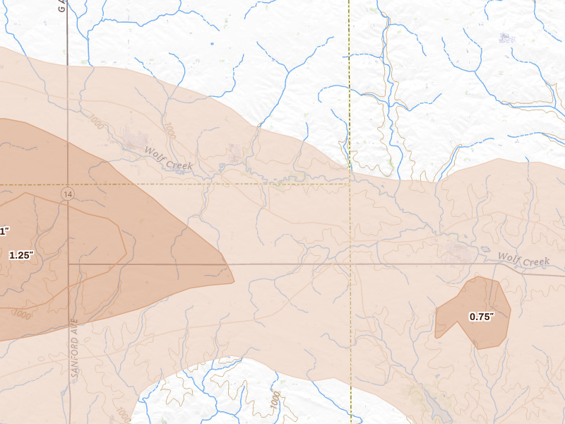 Radar-estimated hail-size map of the storm over Beaman, IA on Aug 11, 2026
