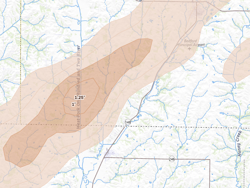 Radar-estimated hail-size map of the storm over Bedford, IA on Apr 3, 2026