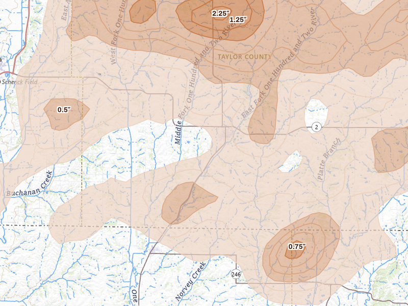 Radar-estimated hail-size map of the storm over Bedford, IA on May 16, 2026
