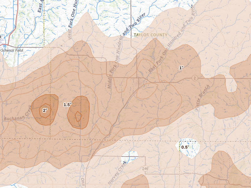 Radar-estimated hail-size map of the storm over Bedford, IA on May 18, 2026