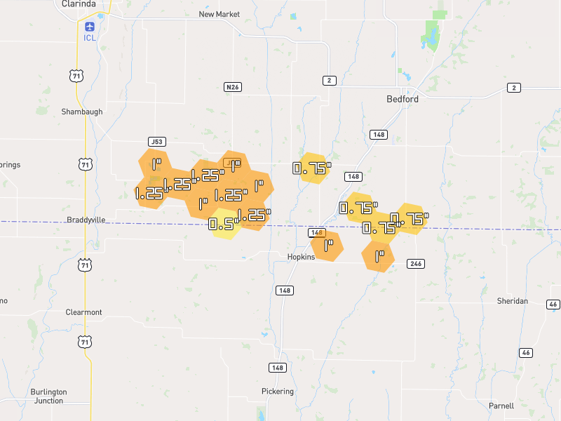 Hail map of Bedford, IA on Jun 6, 2026, hail up to 1.25"