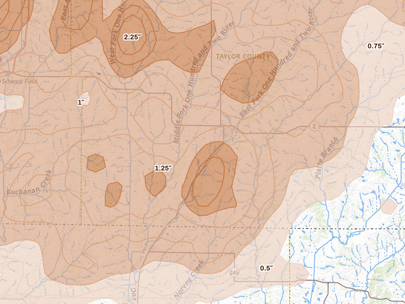 Radar-estimated hail-size map of the storm over Bedford, IA on Jun 10, 2026