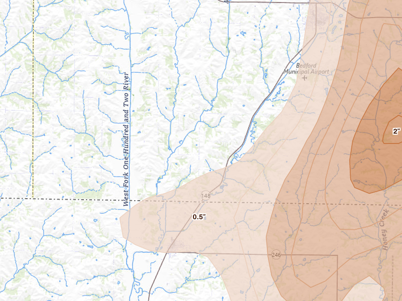 Radar-estimated hail-size map of the storm over Bedford, IA on Jun 11, 2026