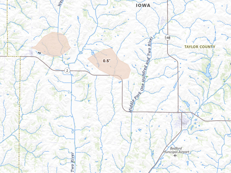 Radar-estimated hail-size map of the storm over Bedford, IA on Aug 9, 2026