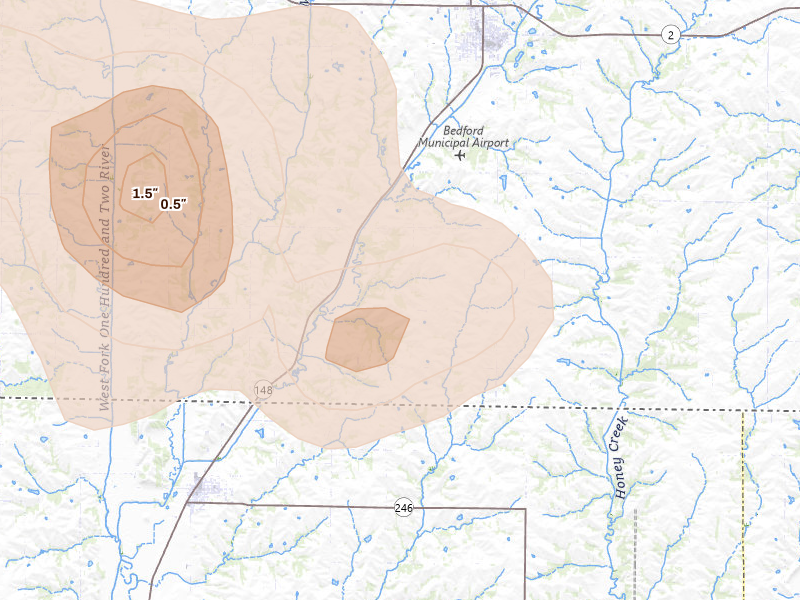 Radar-estimated hail-size map of the storm over Bedford, IA