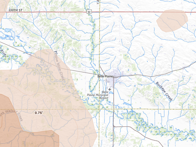 Radar-estimated hail-size map of the storm over Belle Plaine, IA on Apr 17, 2026