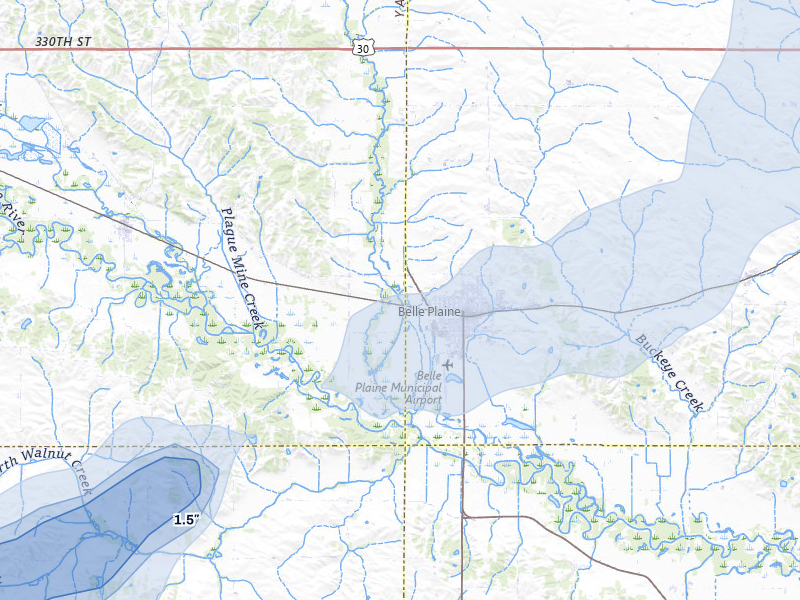 NEXRAD radar-signature map of the hail over Belle Plaine, IA
