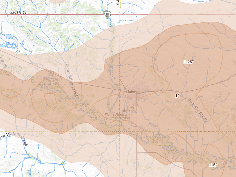Radar-estimated hail-size map of the storm over Belle Plaine, IA on Aug 11, 2026