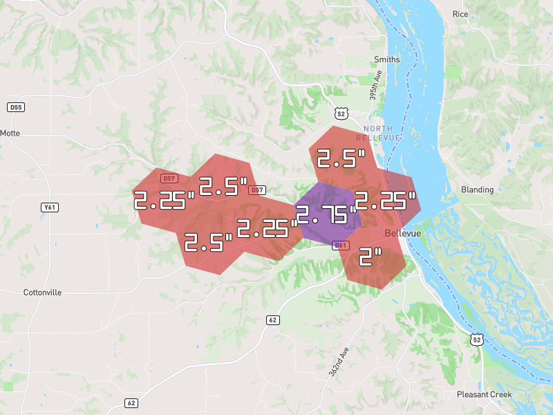 Hail map of Bellevue, IA on Jul 3, 2026, hail up to 2.75"