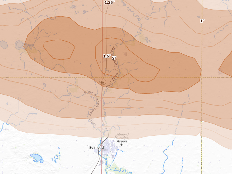 Radar-estimated hail-size map of the storm over Belmond, IA on May 15, 2026