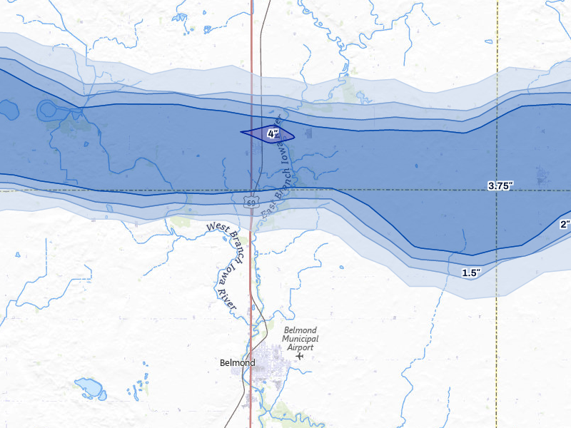 NEXRAD radar-signature map of the hail storm over Belmond, IA on May 15, 2026