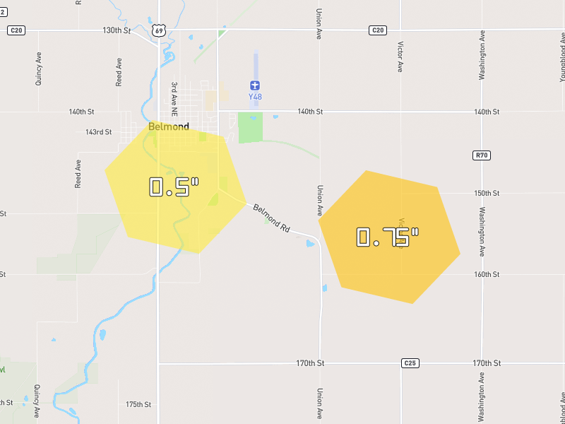 Hail map of Belmond, IA on Jun 28, 2026, hail up to 0.75"