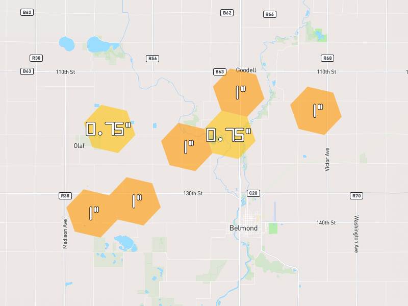 Hail map of Belmond, IA on Jul 2, 2026, hail up to 1"