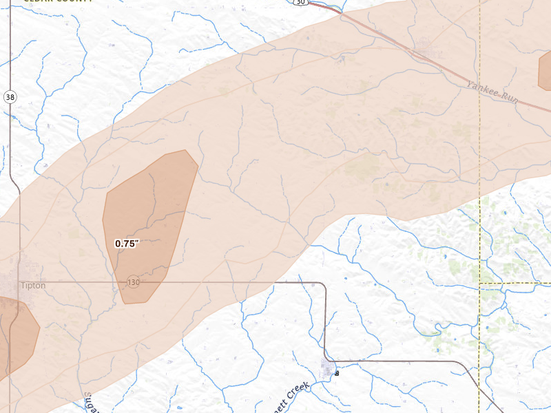 Radar-estimated hail-size map of the storm over Bennett, IA on Apr 2, 2026