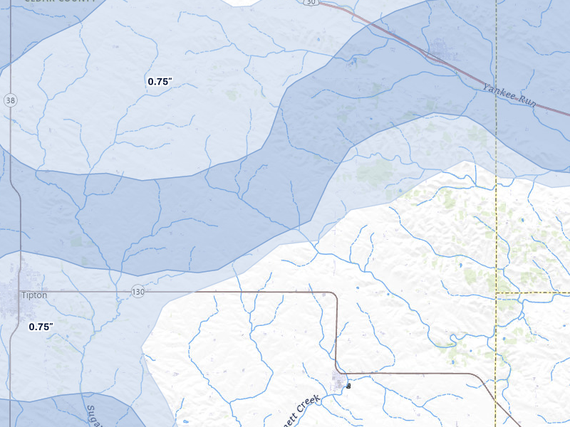 NEXRAD radar-signature map of the hail storm over Bennett, IA on Jul 3, 2026