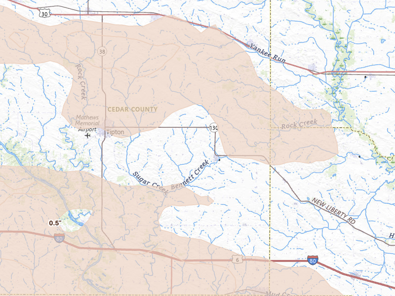Radar-estimated hail-size map of the storm over Bennett, IA on Aug 11, 2026