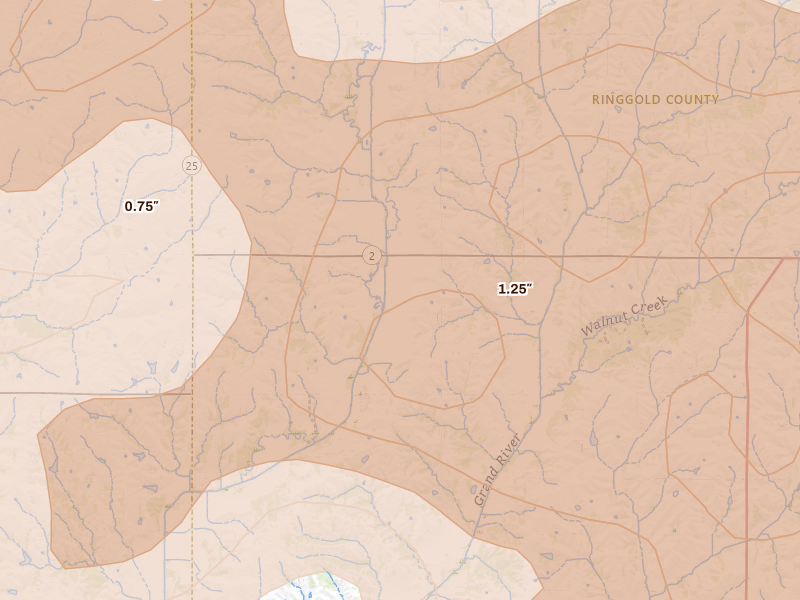 Radar-estimated hail-size map of the storm over Benton, IA on May 16, 2026