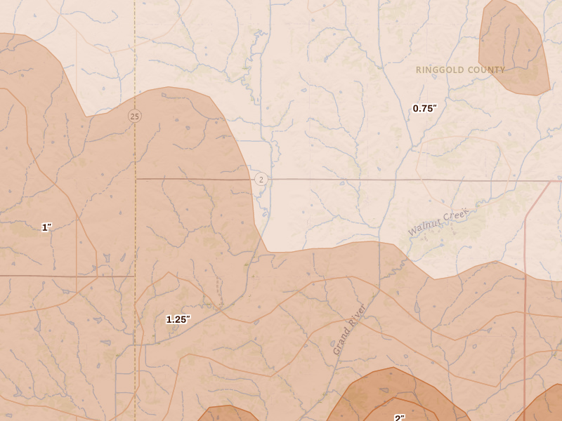 Radar-estimated hail-size map of the storm over Benton, IA on Jun 11, 2026