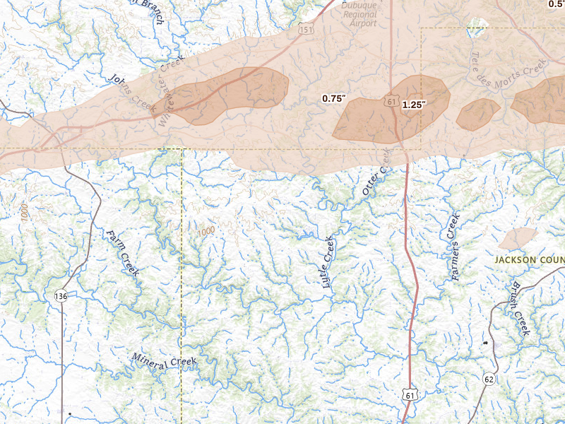 Radar-estimated hail-size map of the storm over Bernard, IA on Mar 10, 2026