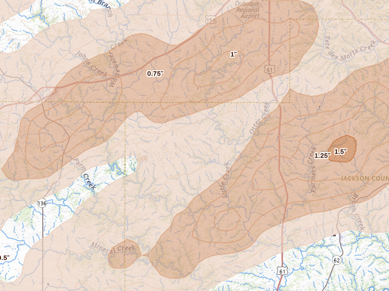 Radar-estimated hail-size map of the storm over Bernard, IA on Apr 17, 2026