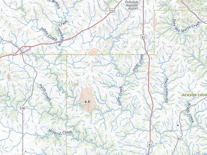 Radar-estimated hail-size map of the storm over Bernard, IA on Apr 23, 2026
