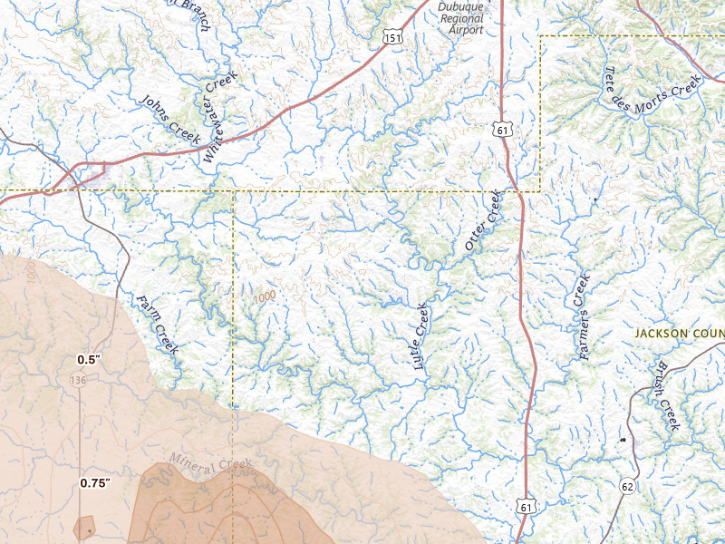Radar-estimated hail-size map of the storm over Bernard, IA on Jun 28, 2026