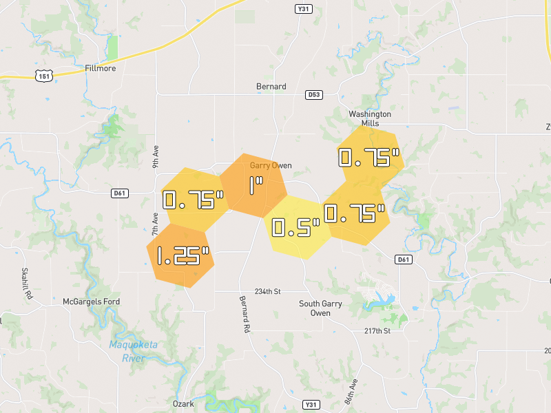 Hail map of Bernard, IA on Jul 3, 2026, hail up to 1.25"