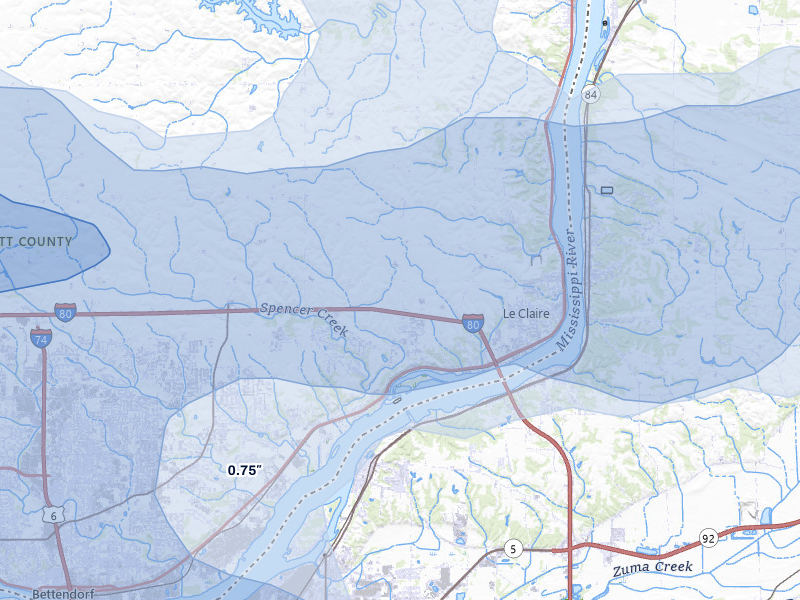NEXRAD radar-signature map of the hail over Bettendorf, IA