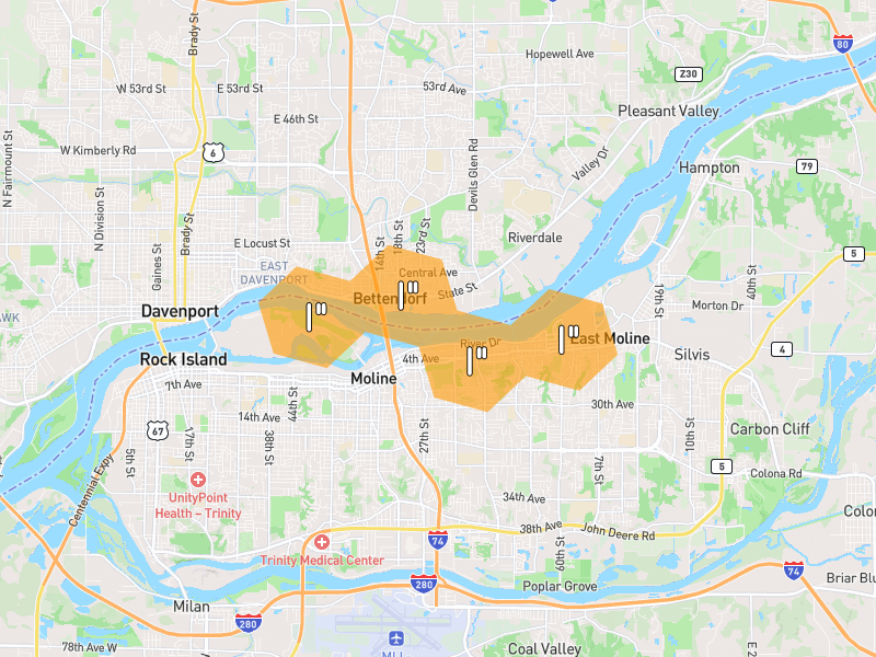 Hail map of Bettendorf, IA on Jul 4, 2026, hail up to 1"