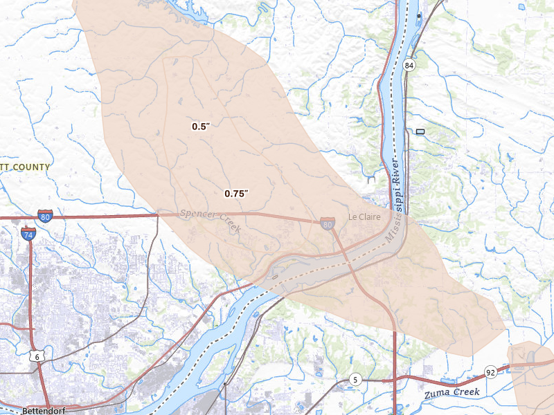 Radar-estimated hail-size map of the storm over Bettendorf, IA on Aug 21, 2026