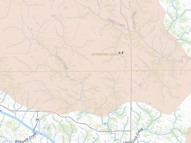Radar-estimated hail-size map of the storm over Birmingham, IA on Jun 17, 2026
