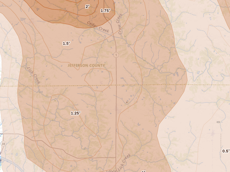 Radar-estimated hail-size map of the storm over Birmingham, IA on Aug 7, 2026