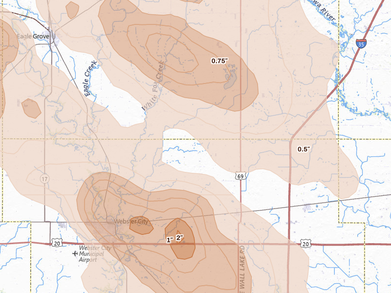 Radar-estimated hail-size map of the storm over Blairsburg, IA on Jul 20, 2026